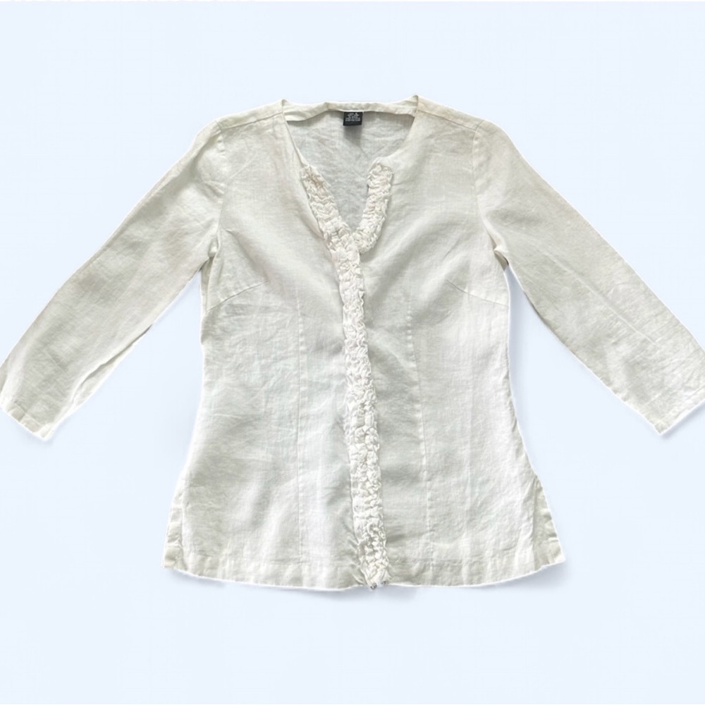 Vintage Cream 100% Linen Ruffled Blouse Size S